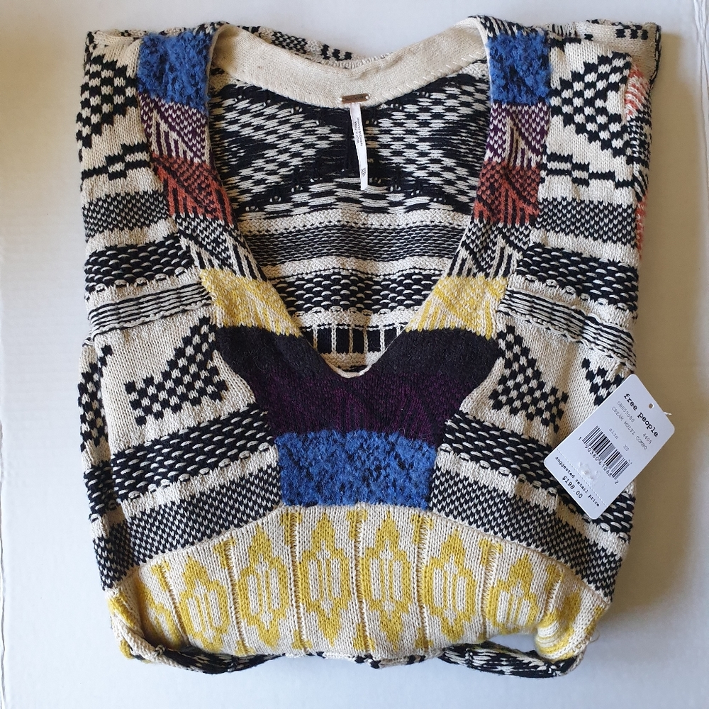 Free People Patchwork Sweater Dress in Cream Multi Combo Sz XS - Picture 4 of 14